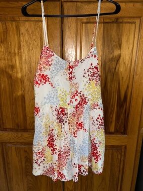Floral Spaghetti Strap Summer Dress - White with Red, Yellow & Blue Print